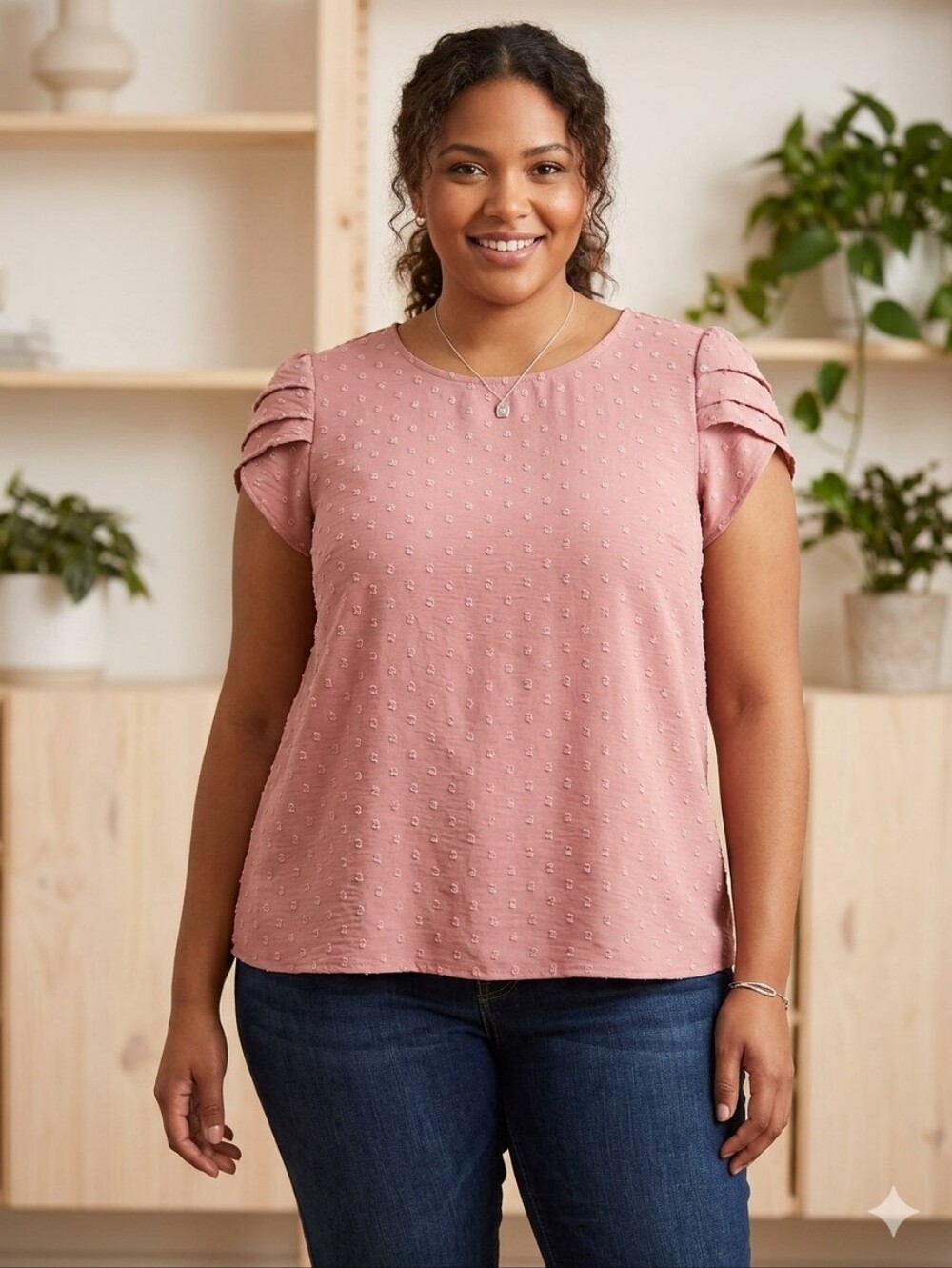 SHEIN Curve Dusty Pink Embroidered Short Sleeve Top